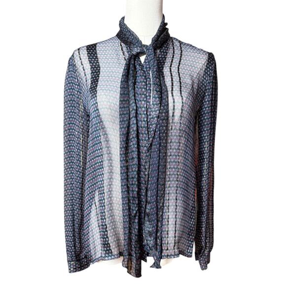 Vintage 70s The Silk Farm Paper Thin Sheer Metallic Silk Chiffon Blouse Size 10 - Picture 7 of 13